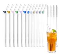 KUAOOAUK 12 PCS Reusable Glass Straws, Cute Colorful Glass Straws with Charms, Flower Butterfly, Clear Drinking Straws, Shatter Resistant, Eco-friendly, Unique Design