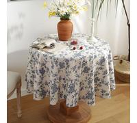 KUAOOAUK Blue Floral Pastoral Round Tablecloth, 55 Inch Vintage Cotton Linen Table Cloth, Washable Table Cover with Dust-Proof Wrinkle Resistant for Indoor&Outdoor Kitchen Dinning Picnic Decoration
