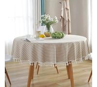 KUAOOAUK Cotton Linen Tablecloth, Stripe Tassel Round Table Cover for Indoor & Outdoor Kitchen Dining Picnic Decoration (140cm, Beige)