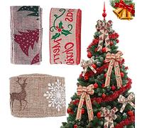 KUAOWT Burlap Christmas Ribbon, 3Pcs Jute Merry Ribbons Xmas Gift Wrapping Ribbon with Tree Elk Snowflake, 6M Rustic Natural Hessian Roll for Crafts Wreaths Bows DIY Trimmings, Multicolor