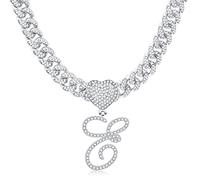KUATBVL Cursive Initial Cuban Necklace for Women Miami Iced Out Cuban Chain Choker Necklace Diamond Initial Heart Pendant Letter Necklace Alphabet A-Z Hip Hop Jewelry