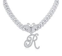 KUATBVL Cursive Initial Pendant Necklace Butterfly Iced Out Miami Cuban Link Chain for Women Diamond Initial Choker Necklace Alphabet A-Z Hip Hop Necklace Rapper Jewelry
