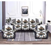 Kuber Industries Flower Design Cotton 5 Seater Sofa Cover with 6 Pieces Arms Cover Use Both Side, Living Room, Drawing Room, Bedroom, Guest Room (Set Of16, White & Brown)-KUBMART11975, Standard