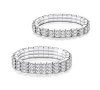 Kucheed 2PCS Rhinestone Stretch Bracelets, Twinkle Diamond Tennis Bangle, Silver Bling Crystal Bridal Stackable Bracelet Jewelry, Shining Wedding Party Elastic Band Bracelet for Women (Silver)