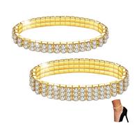 Kucheed 2PCS Twinkle Diamond Anklets, Elastic Sparkling Rhinestone Foot Jewelry, Bling Tennis Ankle Bracelet Shining, Silver Crystal Bridal Bangle Anklet for Women(Gold)