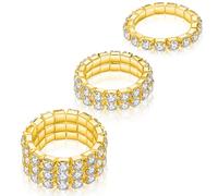 Kucheed 3PCS Rhinestone Stretch Ring, Fashion Crystal Stackable Finger Rings Set, Cute Toe Ring Body Jewelry, Silver Diamond Elastic Band Ring Accessories, Sparkly Thumb Pinky Ring for Women (Gold)