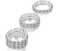 Kucheed 3PCS Rhinestone Stretch Ring, Fashion Crystal Stackable Finger Rings Set, Cute Toe Ring Body Jewelry, Silver Diamond Elastic Band Ring Accessories, Sparkly Thumb Pinky Ring for Women (Silver)