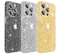 Kucheed 3PCS Sparkling Skin Protector for iPhone, Bling Glitter Shiny Grain Full Cover Edges Sticker, Precise-Fit Back Protector/Luxury Wraps/Bling Phone Decorations for iPhone 15 Pro Max