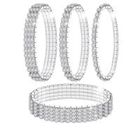 Kucheed 4PCS Rhinestone Stretch Bracelets, Twinkle Diamond Tennis Bangle, Silver Bling Crystal Bridal Stackable Bracelet Jewelry, Shining Wedding Party Elastic Band Bracelet for Women (Silver)
