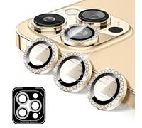 Kucheed Diamond Camera Lens Protector, Bling Tempered Glass Camera Cover, Individual Automatic Alignment Metal Rings, Phone Lens Cover Film Compatible for iPhone 13 Pro/iPhone 13 Pro Max Gold