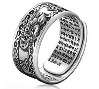 Kucheed Feng Shui PiXiu Mantra Ring, Silver Buddhist Good Luck Finger Rings,MANI Amulet Mantra Jewelry,Double Protection Wealth Love Health Band,Vintage Open Adjustable Ring Gift for Men Women (B)