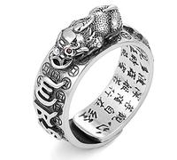 Kucheed Feng Shui PiXiu Mantra Ring, Silver Buddhist Good Luck Finger Rings,MANI Amulet Mantra Jewelry,Double Protection Wealth Love Health Band,Vintage Open Adjustable Ring Gift for Men Women (D)