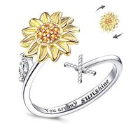 Kucheed Fidget Rings for Women, Sunflower Adjustable Size Spinner Ring, Silver Stackable Stress Relief Anti-Anxiety Letter Finger Circle, Engraved 'You Are My Sunshine'Inside the Jewelry Ring(X)