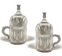 Kuchengerate 2pcs Turkish Gr rabic Moroccan Coffee Cups - Espresso Cup with Inner Porcelain Metal Holder Plate and Lid - 2 Cups Consists of 8 Pcs (A-Silver)