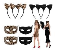 kuchisity 4 Set/8 Pcs Halloween Cat Masks Costume for Women Cat Ears Headband and Masquerade Mask Set Leopard Print Cheetah Black Cat for Cosplay Party Favors