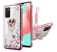 KuDiNi for Samsung a03s Case, Samsung Galaxy a03s Phone Case Glitter Crystal Butterfly Heart Pink Flower Soft Slim TPU Protective Cover with Kickstand Lanyard for Samsung Galaxy a03s (Rose Gold)