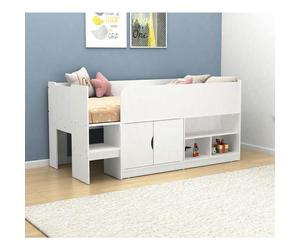 Kudlhome Single Storage Mid Sleeper with Cupboard & Shelves - White - Single
