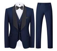 KUDMOL Mens Suit 3 Piece Tuxedo One Button Blazer Vest Trousers Set Navy
