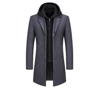 KUDMOL Mens Wool Trench Coat Solid Casual Padded Outdoor Overcoat Long hooded Warm Coat Jacket(Grey,L)