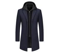 KUDMOL Mens Wool Trench Coat Solid Casual Padded Outdoor Overcoat Long hooded Warm Coat Jacket(Navy,XL)