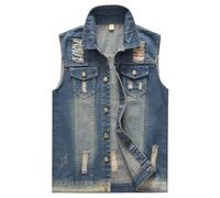 KUDORO Mens Denim Gilet Casual Jeans Vest Ripped Cowboy Waistcoat Metal Buttons Sleeveless Vest Jacket