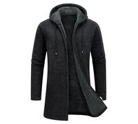 KUDORO Men's Knitted Cardigan Mid-Length Thick Zip Up Hooded Fleece Sweater | Full-Zip Long Sleeve Knit Outerwear, Casual Fleece-Lined Solid Jacket for Autumn, Winter, Work Outdoor Daily Activities