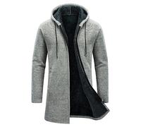 KUDORO Men's Knitted Cardigan Mid-Length Thick Zip Up Hooded Fleece Sweater | Full-Zip Long Sleeve Knit Outerwear, Casual Fleece-Lined Solid Jacket for Autumn, Winter, Work Outdoor Daily Activities