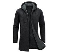 KUDORO Men's Knitted Cardigan Mid-Length Thick Zip Up Hooded Fleece Sweater | Full-Zip Long Sleeve Knit Outerwear, Casual Fleece-Lined Solid Jacket for Autumn, Winter, Work Outdoor Daily Activities