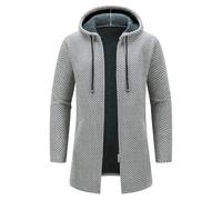 KUDORO Men's Mid-Length Knitted Cardigan Thick Zip Up Hooded Fleece Sweater | Full-Zip Solid Long Sleeve Knit Outerwear, Casual Fleece-Lined Solid Jacket for Autumn, Winter, Work Outdoor Daily