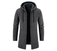 KUDORO Men's Mid-Length Knitted Cardigan Thick Zip Up Hooded Fleece Sweater | Full-Zip Solid Long Sleeve Knit Outerwear, Casual Fleece-Lined Solid Jacket for Autumn, Winter, Work Outdoor Daily