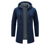 KUDORO Men's Mid-Length Knitted Cardigan Thick Zip Up Hooded Fleece Sweater | Full-Zip Solid Long Sleeve Knit Outerwear, Casual Fleece-Lined Solid Jacket for Autumn, Winter, Work Outdoor Daily