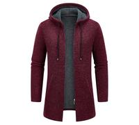 KUDORO Men's Mid-Length Knitted Cardigan Thick Zip Up Hooded Fleece Sweater | Full-Zip Solid Long Sleeve Knit Outerwear, Casual Fleece-Lined Solid Jacket for Autumn, Winter, Work Outdoor Daily