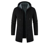 KUDORO Men's Mid-Length Knitted Cardigan Thick Zip Up Hooded Fleece Sweater | Full-Zip Solid Long Sleeve Knit Outerwear, Casual Fleece-Lined Solid Jacket for Autumn, Winter, Work Outdoor Daily