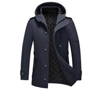 KUDORO Mens Winter Coats Padded Single Breasted Outwear Thick Trench Wool Blend Peacoat with Hood(Navy,2XL)