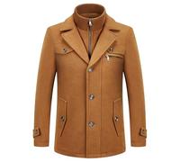 KUDORO Mens Wool Coats Short Winter Padded Trench Coat for Casual Business Outwear Thick Wool Blend Peacoat with Removable Inner Collar