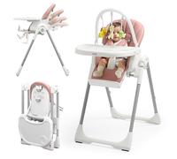 KÜB 3-in-1 Foldable Baby High Chair, 7 Height & 4 Recline Adjustable Seat & Tray for Easy Clean, 2 Locking Wheels, Multifunctional Infant High Chairs for Babies and Toddlers (Pink, with Toys)