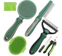 KUEIOX Pet Grooming Kit - 7 PCS Green Deshedding Brush Set with Undercoat Rake, Slicker Brush, Bath Brush & Nail Clipper for Short & Long-Haired Dogs and Cats