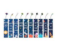 Kueohse 10PCS Space Ship Theme Bookmarks Space Pattern Bookmark Set with Metal Charms Planet Inspirational Quotes Cards for Kids Boys Girls