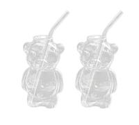 Kueohse 2pcs Bear Cup Online Celebrity Restaurant Coffee Cup Cute Cartoon Glass Water Cup with Straw Family Set
