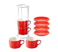 Kueohse Porcelain Stackable Cappuccino Cups with Saucers and Metal Stand, Espresso Cups for Latte Coffee Cafe,Specialty Coffee A