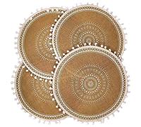 Kueohse Round Placemats Set of 4,Boho Woven Table Mats with Pompom Tassel for Dining Room Kitchen Table Decor(White Ball)