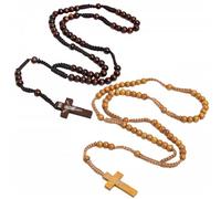 Kuesn 2 Pcs Wooden Beads Rosary Necklaces Handmade Rosaries Wood Rosary Necklaces Beads Christ Jesus Imprint Cross Religious Accessories Christian Necklaces (Coffee and Dark Coffee)