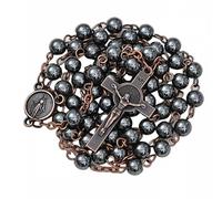 Kuesn 6mm Black Hematite Stone Beads with Antique Copper Plated St.Benedict Center Piece Medal and Crucifix Cross Catholic Rosary Necklace for Men and Women (Black Gold)