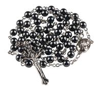 Kuesn 6mm Unisex-Adult Hematite Rosary Black Stone Beads Necklace with Jerusalem Holy Soil Cross Antique Religious Rosaries Beads Collection, Stone (Black Silver)