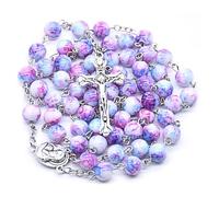 Kuesn 8mm Ocean Beads Catholic Rosary Necklace Beads Purple Round Beads Miraculous Medal Cross Crystal Religious Necklace (Purple)