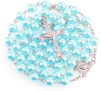Kuesn 8mm Pearl Rosary Beads Catholic Necklace Glass Beads Necklace with Crucifix Charms Long Prayer Catholic for Women Gifts (Sky blue)