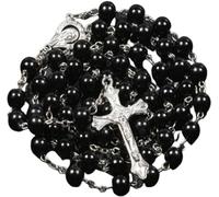 Kuesn 8mm Pearl Rosary Beads Catholic Necklace Glass Beads Necklace with Crucifix Charms Long Rosary Prayer Catholic for Women Gifts (Black)