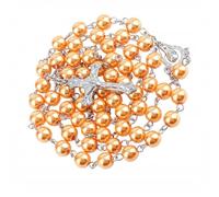Kuesn 8mm Pearl Rosary Beads Catholic Necklace Glass with Crucifix Charms Long Prayer Beads Catholic Rosary Necklace for Women Gifts (Orange)
