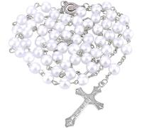 Kuesn 8mm Pearl Rosary Beads Catholic Necklace Glass with Crucifix Charms Long Rosary Beads Prayer Catholic for Women Gifts (White)