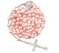 Kuesn 8mm Pearl Rosary Catholic Necklace Glass Beads Necklace with Crucifix Charms Long Rosary Prayer Beads Catholic for Women Gifts (Pink)